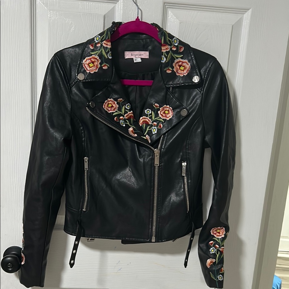 Black Leather Jacket with Floral Embroidery and Asymmetrical Zipper